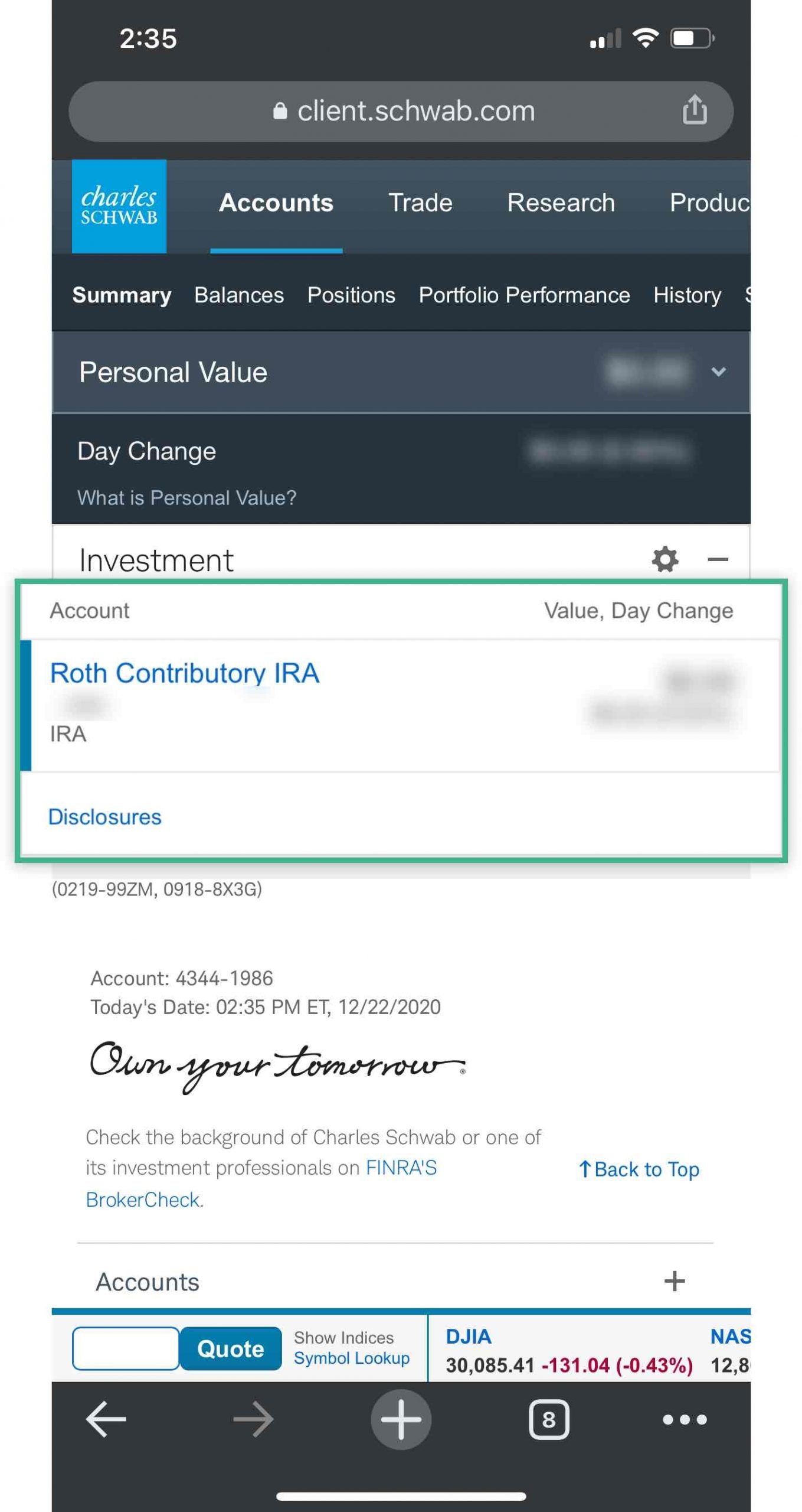 Charles Schwab Mobile Website Dashboard