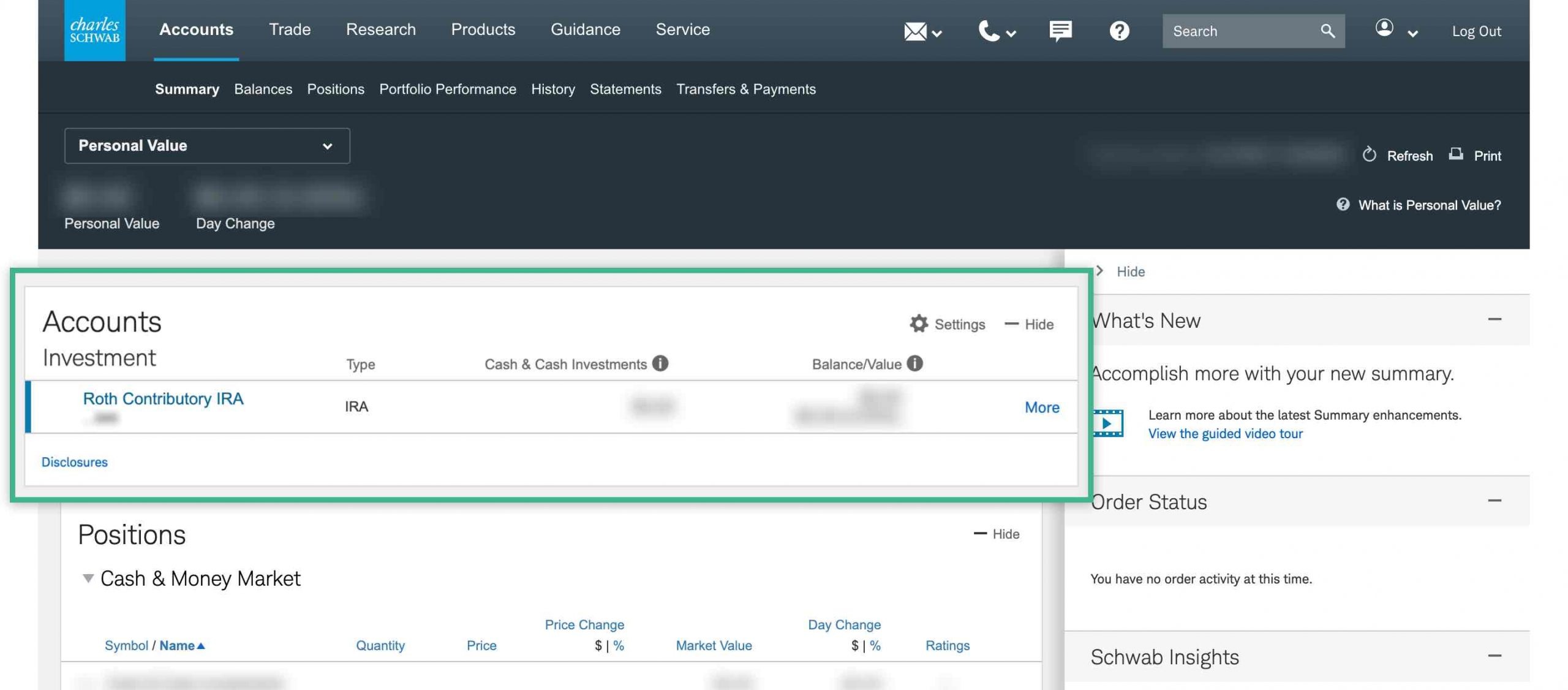 Charles Schwab Website Dashboard