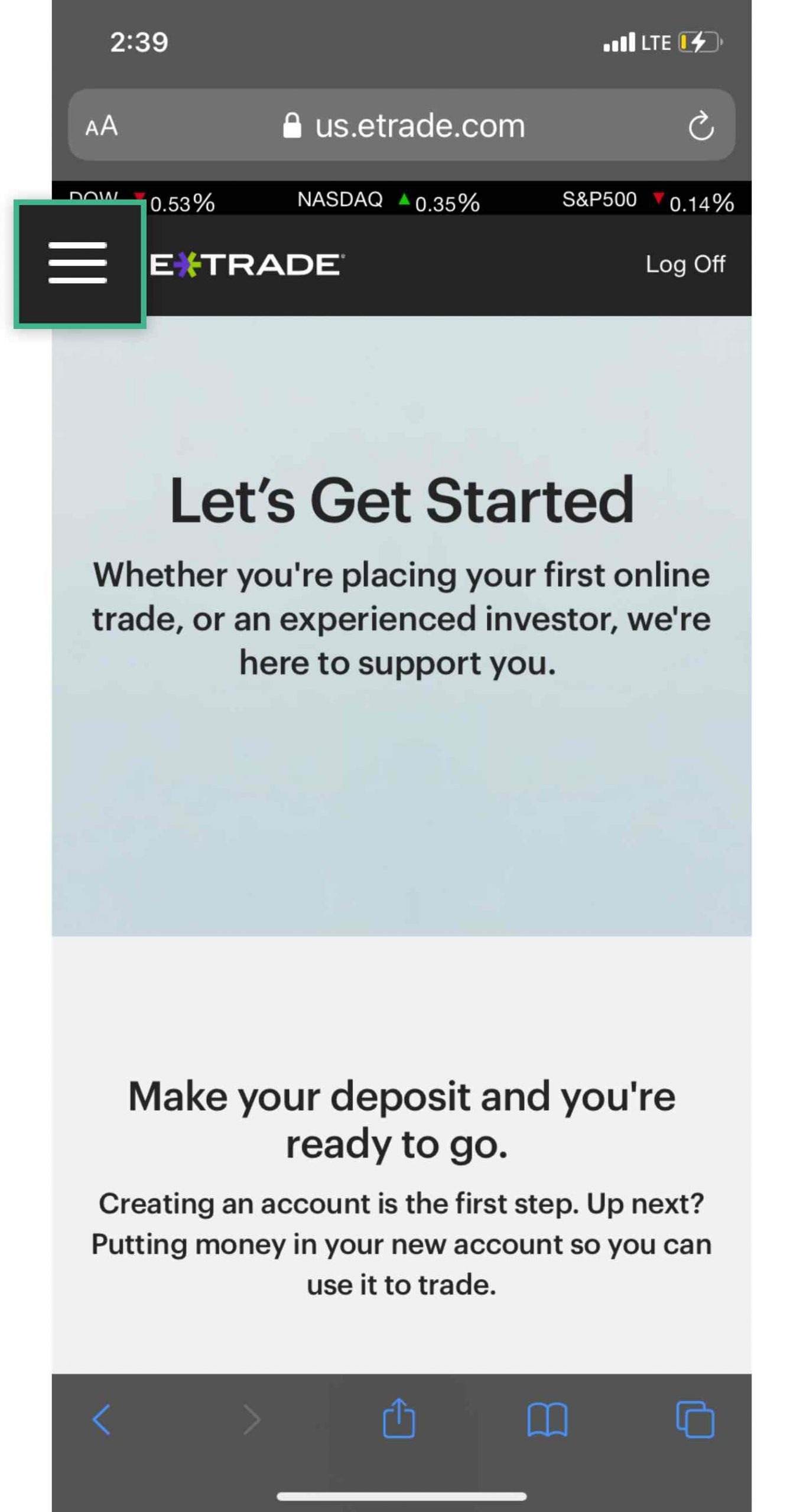 E Trade Mobile Website Dashboard