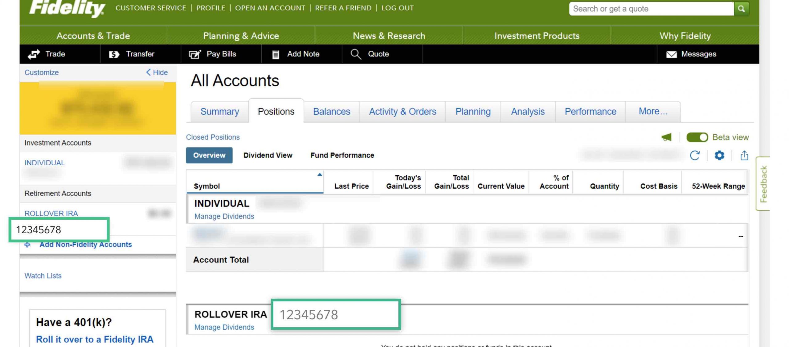 Fidelity Website Account Positions