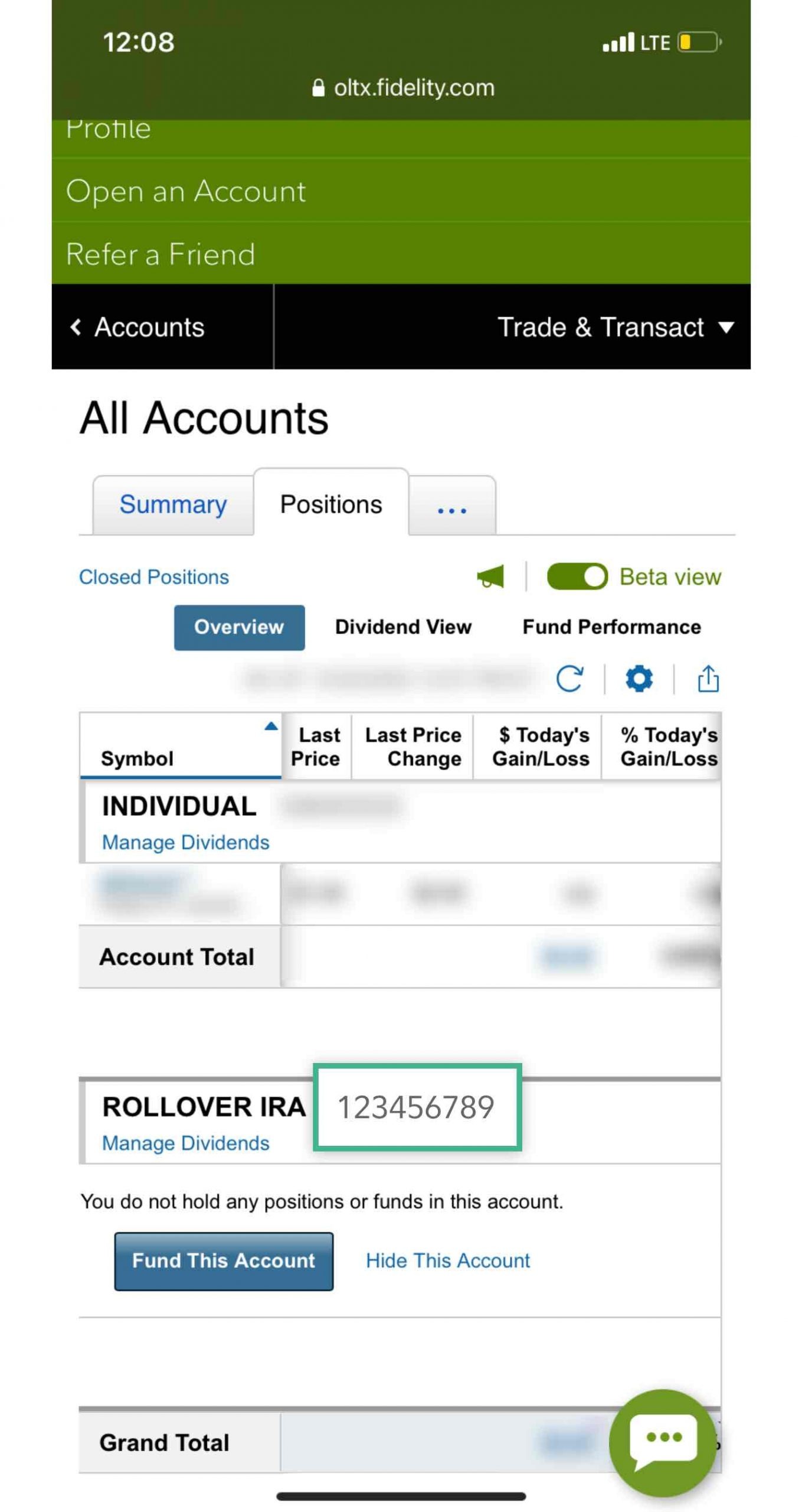 Fidelity Mobile Website Account Positions