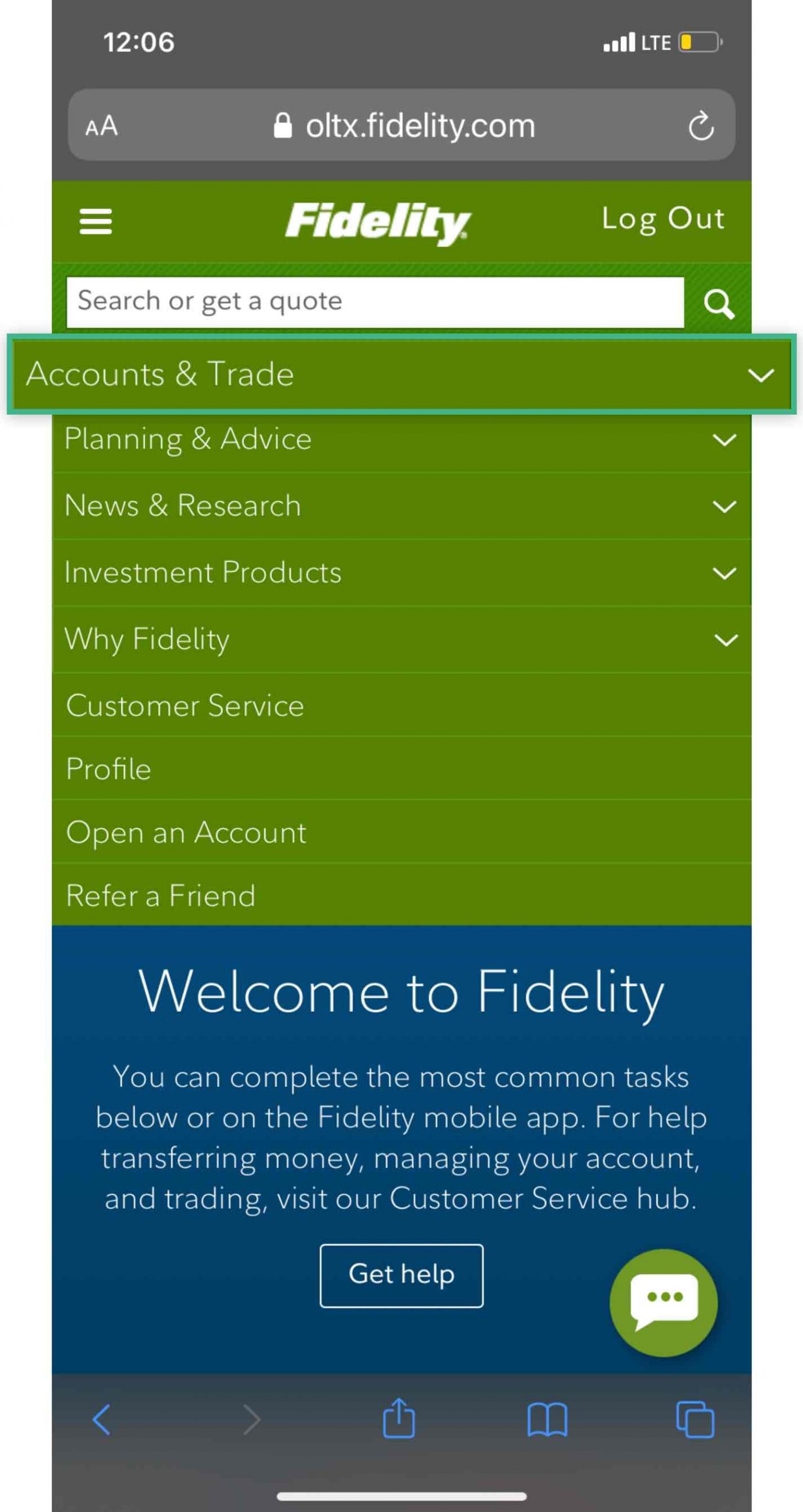Fidelity Mobile Website   Menu – 1
