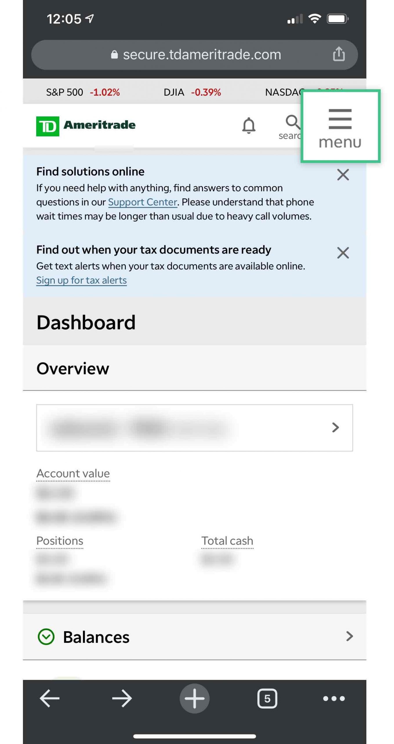 TD Ameritrade Mobile Web Dashboard