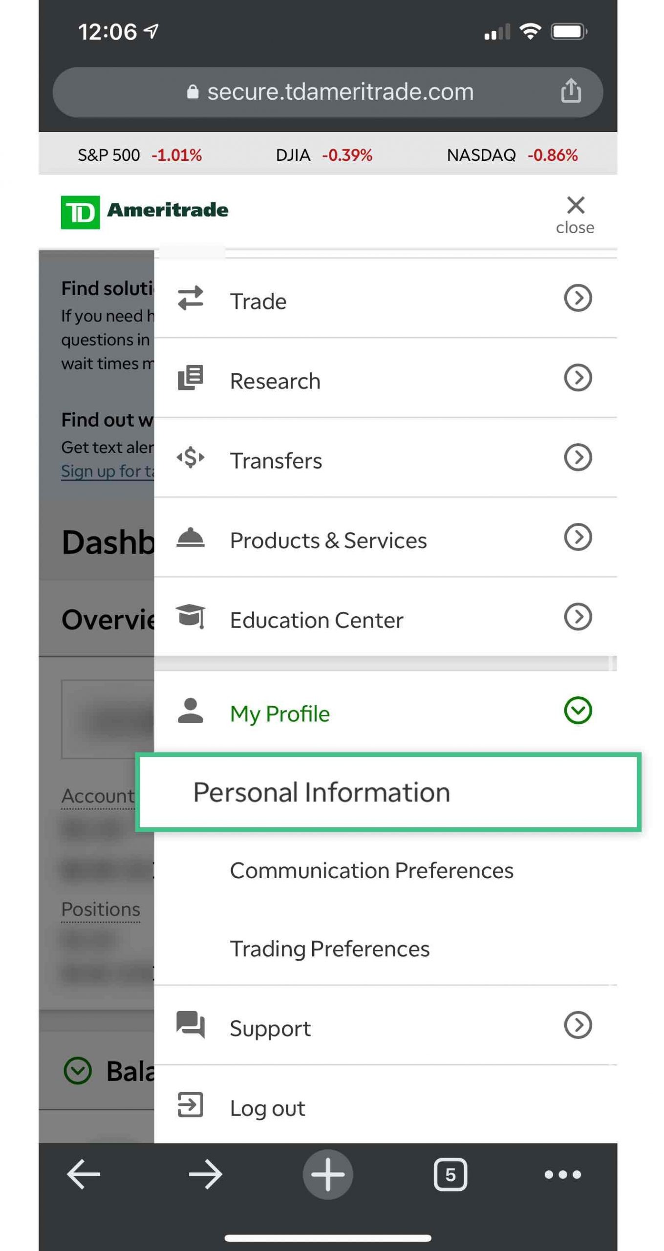 TD Ameritrade Mobile Web Menu