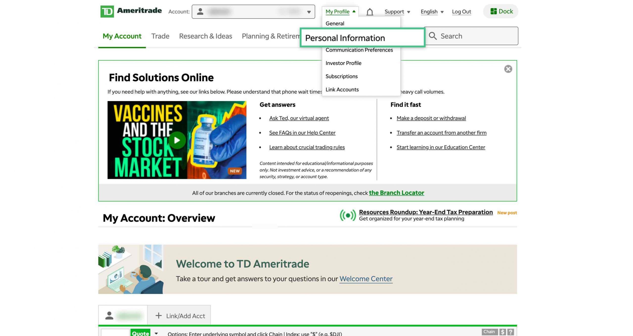 TD Ameritrade Website Dashboard