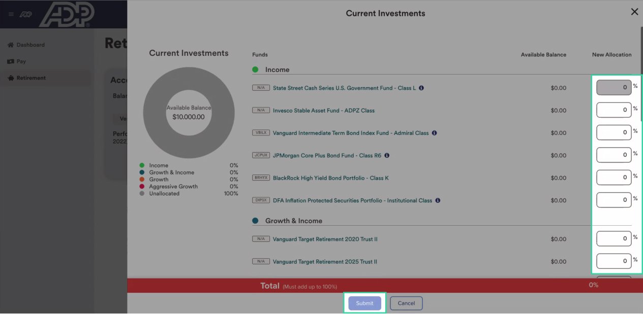 Input the desired % allocation to each of the funds. Make sure that this matches Capitalize’s recommendations! Be sure to click “Submit” to save your changes.