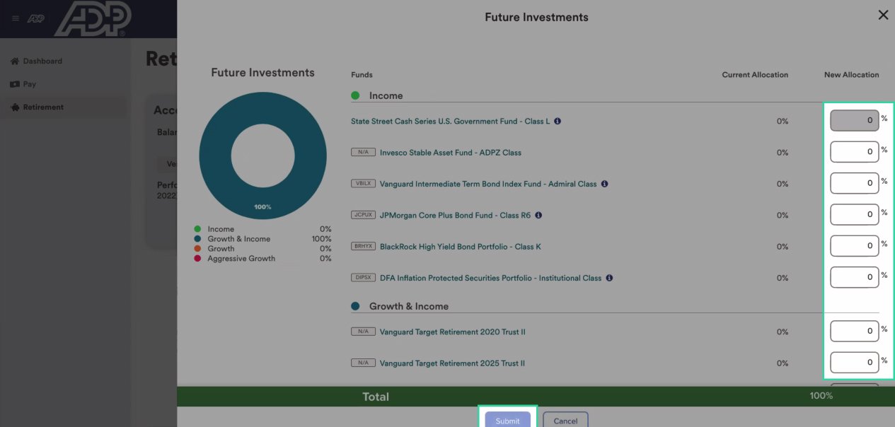 Input the desired % allocation to each of the funds. Make sure that this matches Capitalize’s recommendations! Be sure to click “Submit” to save your changes.