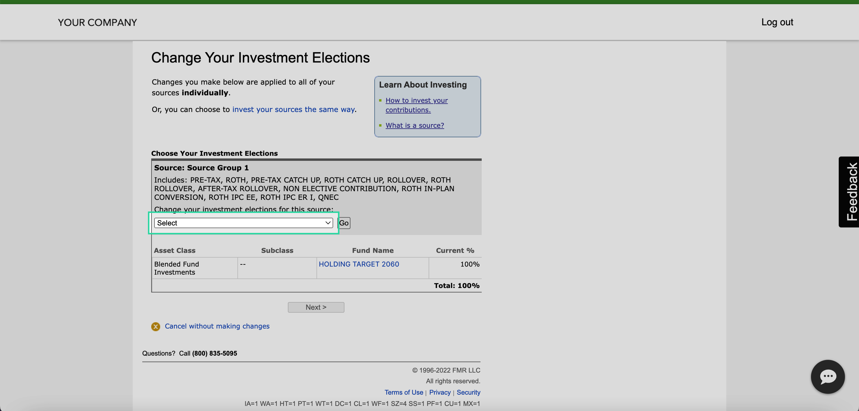 In the dropdown menu, choose which source you’re changing investment elections for. If there is more than one item in the dropdown menu, you’ll need to do the following steps for each item.