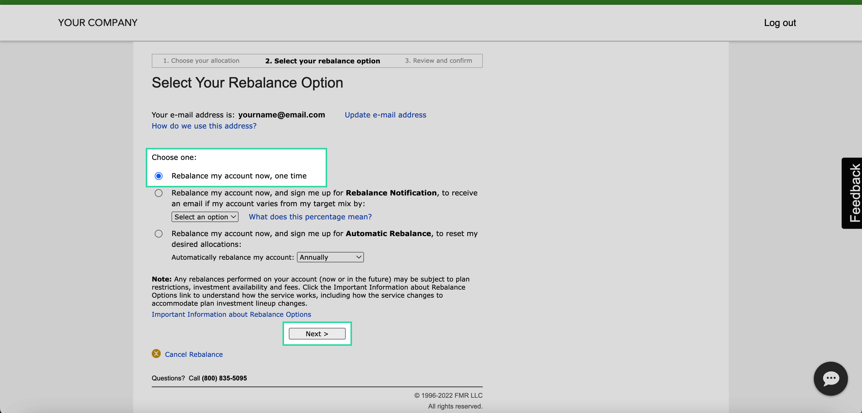 On the “Select Your Rebalance Option” page, choose “Rebalance my account now, one time”.  Click on “Next”.