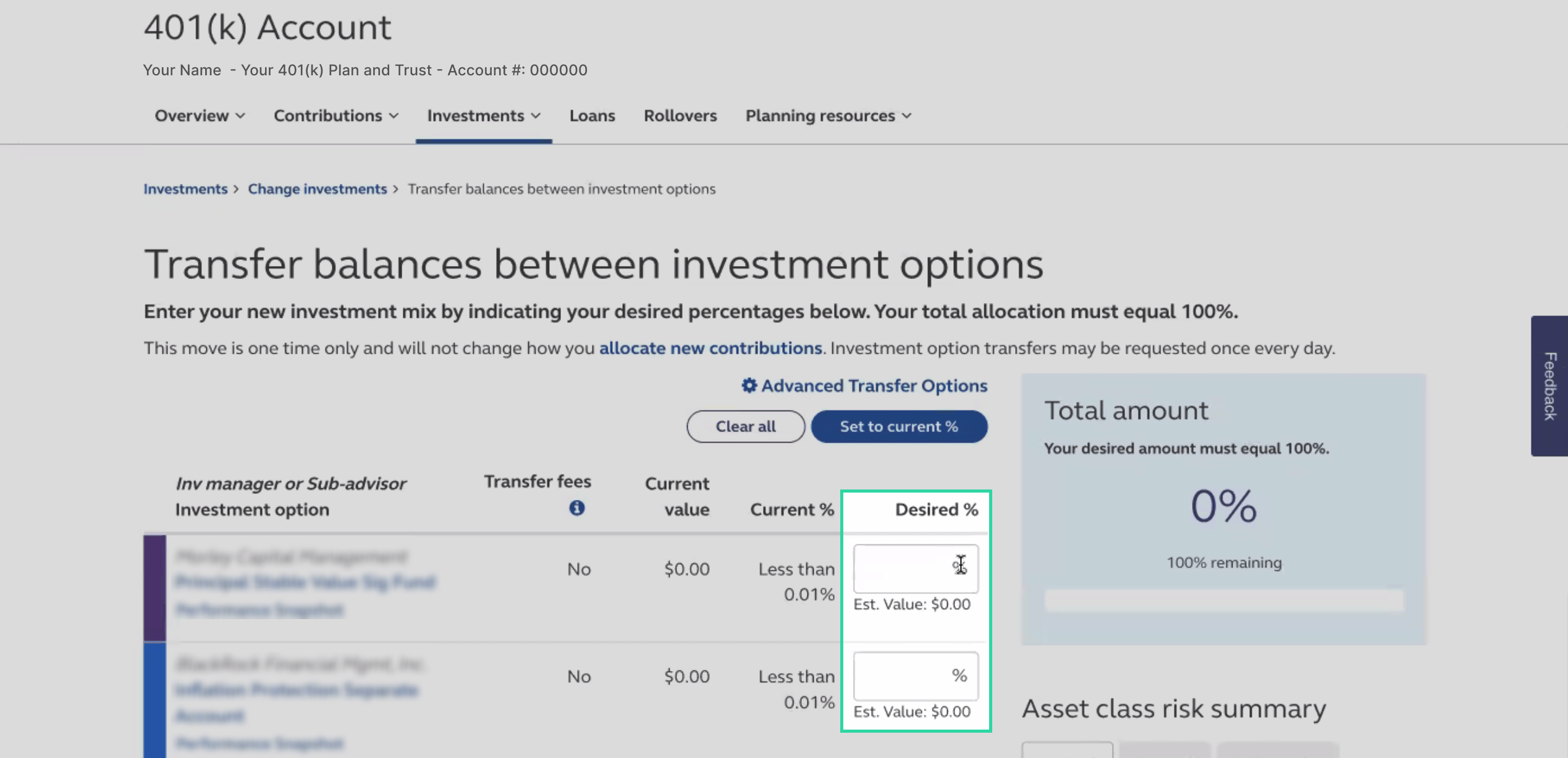 On the “Transfer balances between investment options” page, input the desired % allocation to each of the funds. Make sure that this matches Capitalize’s recommendation! Make sure to save your changes.
