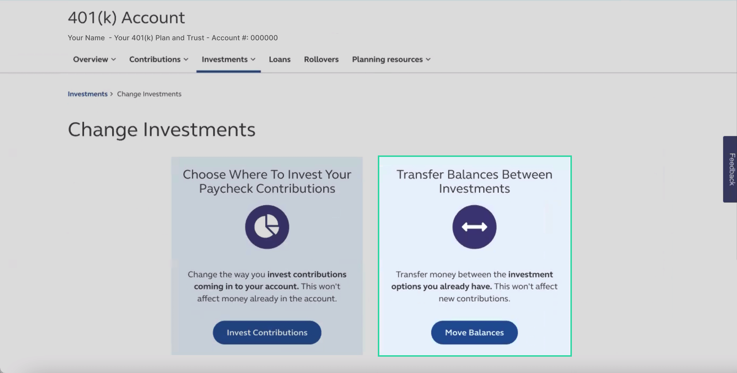 Navigate back to the “Change Investments” page, and select “Move Balances” in the “Transfer Balances Between Investments” section.
