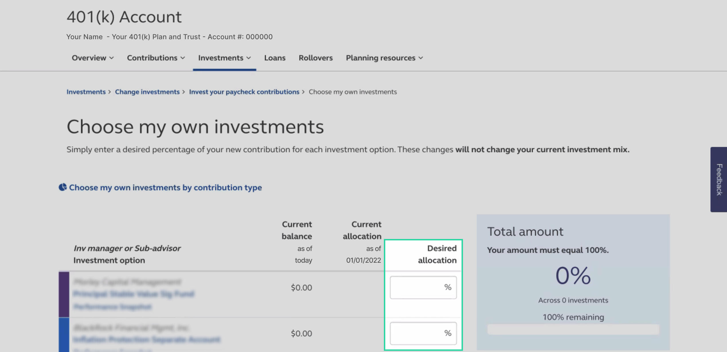 On the “Choose my own investments” page, input the desired % allocation to each of the funds. Make sure that this matches Capitalize’s recommendation! Make sure to save your changes.