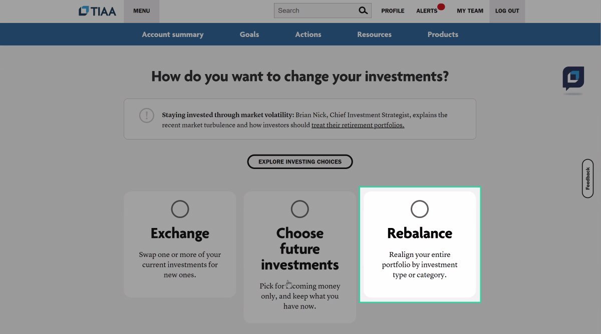 Lastly, let’s set up automatic rebalancing in the future. This will keep your portfolio aligned to your Capitalize recommendation, even as the value of your individual investments change. Navigate back to “Change retirement investments” and select “Rebalance”.